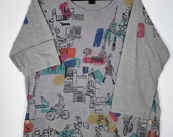 Vintage Art to Wear Grafiktop Damen 3X Grau Stadtbild Skyline Abstrakt Y2K