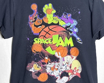 Vintage Space Jam T-shirt med screentryck, grafisk design, svart, herr, medium, storlek S