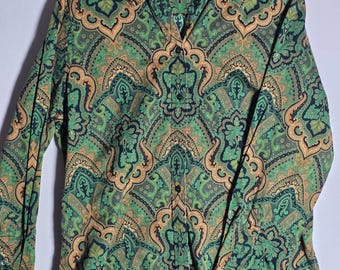Vintage Jones New York Paisley Silk Look Blouse Green Gold Y2K XL