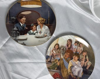 Vintage 1984 Edwin M Knowles samlartallrikar Annie & Normal Rockwell set om 2