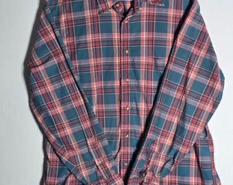 Vintage Woolf Brothers USA Made Teal Pink Plaid Cotton Shirt 80s Large