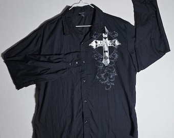 Vintage Y2K Black Graphic Cross Long Sleeve Shirt Gothic Cyberpunk (XL)