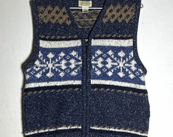 Vintage St Johns Bay Fair Isle Full Zip Sweater Vest Mens Medium Blue White Nord
