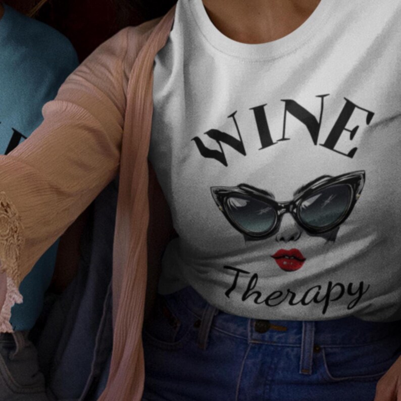 retro wine therapy tshirt with large cat eye sunglasses Wine Therapy Bella TShirt Retro Cat Eye Sunglasses Funny Wine Lover Tee Wine Mom Shirt Wine Gift for Her Vintage Wine Glamour Sunglasses Tee woman taking a selfie