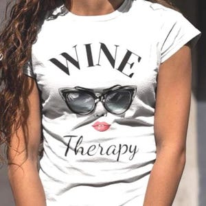 retro wine therapy tshirt with large cat eye sunglasses Wine Therapy Bella TShirt Retro Cat Eye Sunglasses Funny Wine Lover Tee Wine Mom Shirt Wine Gift for Her Vintage Wine Glamour Sunglasses Tee