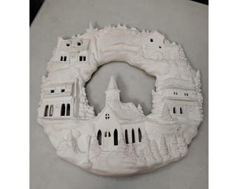 Vintage Christmas Bisque Wreath 15" 'Tis The Season Scioto Mold Unpainted *SEE*