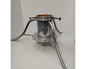 Vintage Tri-Fold Metal Chrome Christmas Tree Stand w/ 9 Holes for Lights MCM