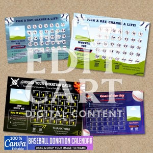 Baseball Fundraiser Calendar Canva Editable Template | Custom Baseball Fundraiser | Pick Date to Donate Canva Template Baseball Calendar |