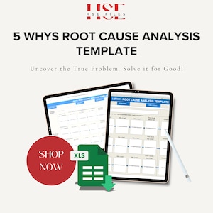 May include: Two tablets displaying a "5 Whys Root Cause Analysis Template" with a stylus. The image includes a red circle with "Shop Now" and a green XLS file icon. The text reads "Uncover the True Problem. Solve it for Good!"
