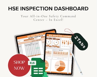 Può includere: Immagine di una dashboard di ispezione HSE con il testo "HSE INSPECTION DASHBOARD" e "Your All-in-One Safety Command Center - In Excel!". L'immagine include due tablet che mostrano dati, un cerchio rosso con "SHOP NOW" e un'icona di file verde.
