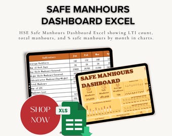 May include: An image of two tablets displaying an Excel dashboard with the title "SAFE MANHOURS DASHBOARD EXCEL". The dashboard shows data visualizations and charts. A red circle with "SHOP NOW" text and a green "XLS" icon are also present.
