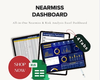 May include: An image promoting a Nearmiss Dashboard Excel file. The image features three tablets displaying data visualizations and a red circle with "SHOP NOW" text. A green Excel file icon is also present.