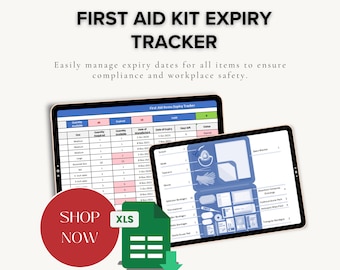 Op de afbeelding: Twee tablets met een digitale vervaldatumtracker voor EHBO-kits. De tekst luidt "FIRST AID KIT EXPIRY TRACKER" en "Easily manage expiry dates for all items to ensure compliance and workplace safety." Een rode cirkel met "SHOP NOW" is ook zichtbaar.