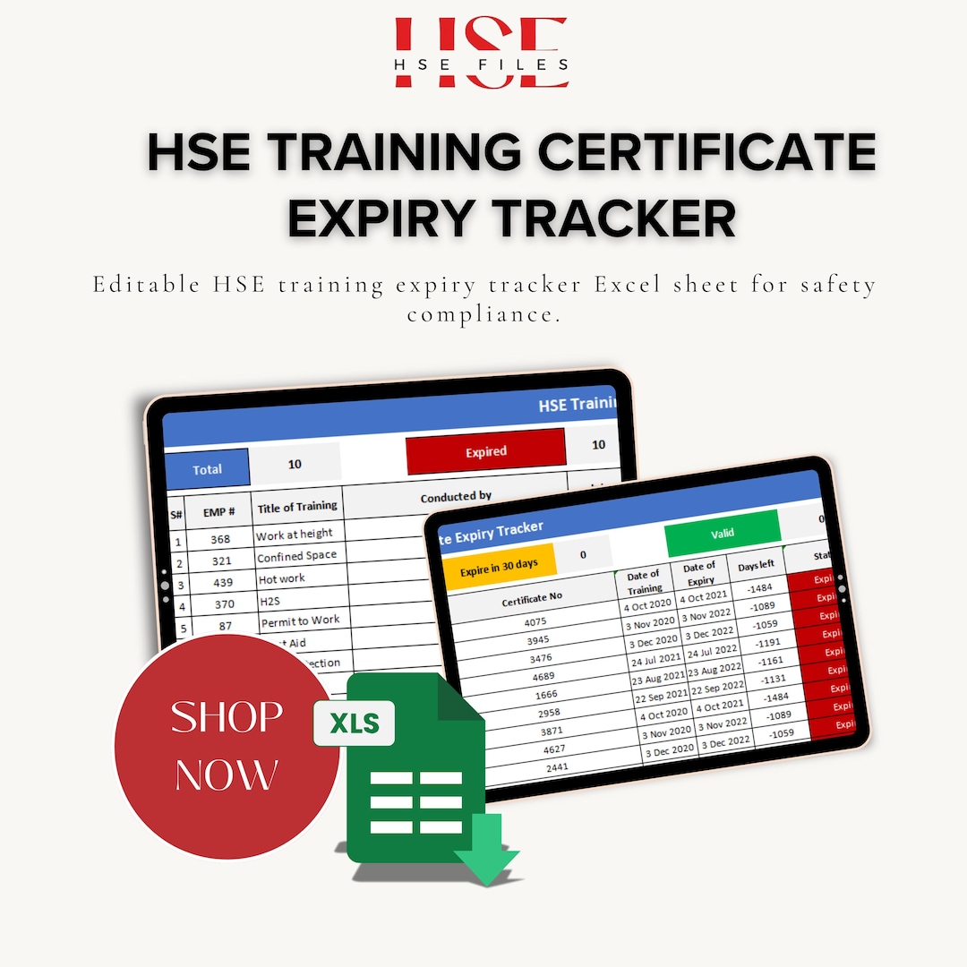 HSE Training Certificate Expiry Tracker | Excel Template (digital ...