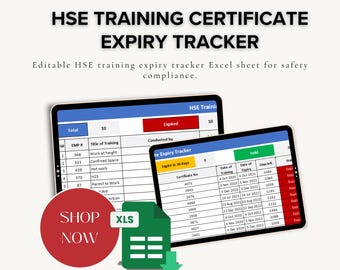 HSE Training Certificate Expiry Tracker | Excel Template (Digital Download)