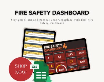 May include: A digital fire safety dashboard displayed on two tablets. The dashboard includes data visualizations, charts, and the text "FIRE SAFETY DASHBOARD". A red circle with "SHOP NOW" and a green XLS file icon are also present.