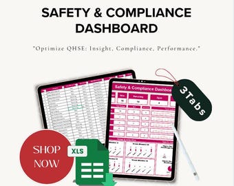May include: Image of a Safety & Compliance Dashboard on a tablet, with the text "Safety & Compliance Dashboard" and "Optimize QHSE: Insight, Compliance, Performance." A red circle with "Shop Now" and a green XLS file icon are also present.