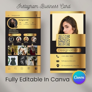 Gouden sjabloon voor IG-visitekaartje, 2025 Instagram-visitekaartje canva, QR-code visitekaartje, afdrukbare socialemediakaart. Influencer-kaarten