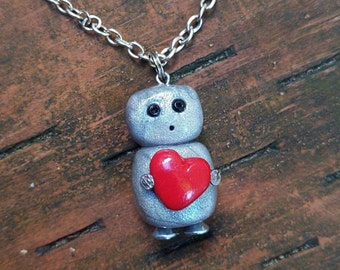 Robot necklace love heart pendant polymer clay