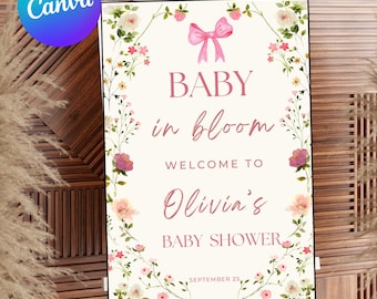 Letrero de bienvenida para baby shower "Bebé en flor", letrero de bienvenida imprimible, letrero de baby shower "Flores silvestres", letrero de bienvenida para baby shower de niña.