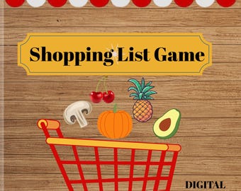 May include: A digital game design with a red shopping cart, various fruits and vegetables, and the text "Shopping List Game." The design includes a red and white striped awning and a printer icon.
