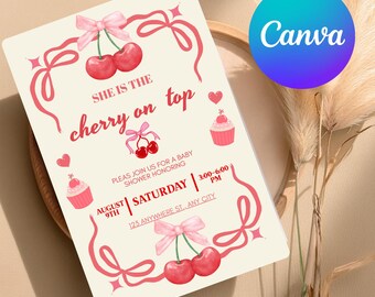 She is the Cherry on Top Baby Shower Invitation, Editable Pink Bow Baby Shower Template, Pink Coquette Bow Invitation, Instant Download