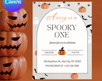Spooky One First Birthday Invitation, Cute Ghost Halloween Party Invite, Printable Halloween Baby Invitation Template, Canva Template