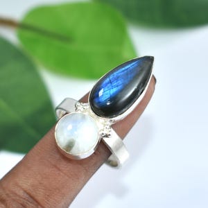 Labradorite and Moonstone Ring Sterling Silver | Boho Adjustable Gemstone Statement Ring | Gift for Her | Handmade Crystal Jewelry