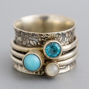 larimar Spinner Ring, 925 Silver Spinner Ring, Moonstone Ring, Blue Topaz Ring, Multi Gemstone Spinner Ring, Perfect Gift Ring For Women
