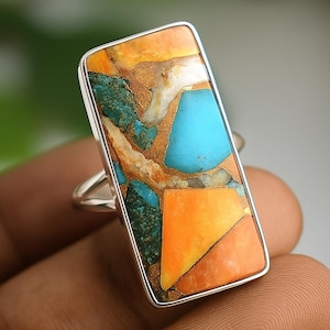 Solid 925 Sterling Silver Oyster Copper Turquoise Ring For Men Women, Handmade Long Rectangle Bar Gemstone Ring, Hammered Textured Wide Ring