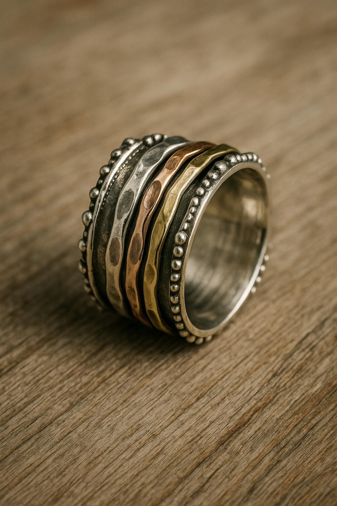 Wide Sterling Silver Spinner Ring, Hammered Fidget Anxiety Jewelry - Etsy