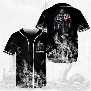 Personalisiertes Sensenmann-Baseball-Jersey | Gothic Schädel Rauch Shirt | Personalisiertes Death Metal Shirt