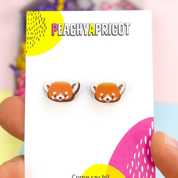 Red Panda Earrings, Cute Handmade Red Panda Jewelry, Stud Earrings in Wood, Red Panda Gifts