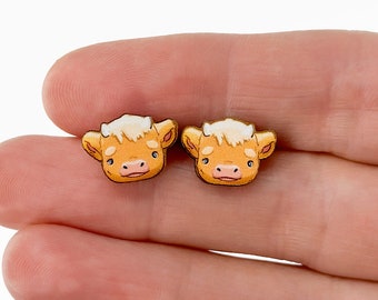 Highland Cow Earrings | Stud Earrings Hypoallergenic Titanium | Cute Farm Animal Jewelry Gifts