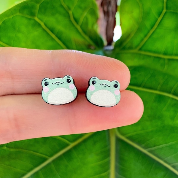 Frog Earrings Stud in Wood Cute Frog Gifts Jewelry Hypoallergenic Titanium