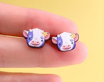 Purple Cow Earrings | Stud Earrings Hypoallergenic Titanium | Cute Farm Animal Summer Jewelry Gifts