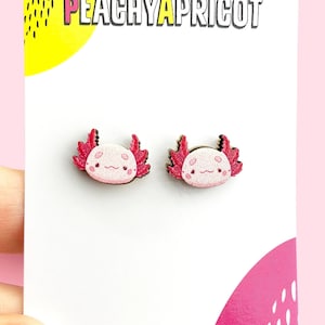 Axolotl Earrings Studs in Titanium and Wood Cute Handmade Earrings Kawaii Jewelry Axolotl Gifts Axolotl Accessories image 1