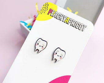 Cute Tooth Earrings | Teeth Earrings | Kawaii Earrings Studs in Wood | Tooth Fairy Gifts | Dentist Gift | Dental Gifts