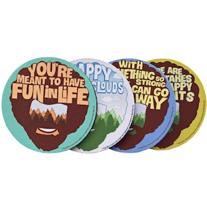 Bob Ross Coaster Set: Happy Little Quotes, Absorbent Rubber Coasters
