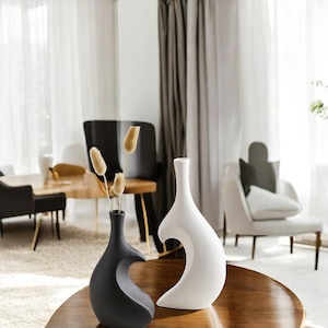 Black & White Abstract Vases – Modern Sculptural Home Decor – Minimalist Ceramic-Look Vase Set for Dried Flowers, Table or Shelf Accent
