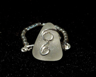 Frosty white sea glass ring size 6 1/2