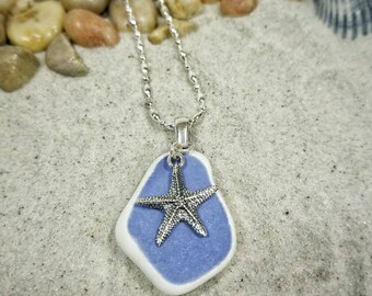 Cornflower Blue Sea Pottery and starfish charm necklace