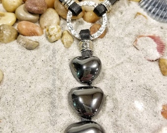 Black hematite and leather Y necklace