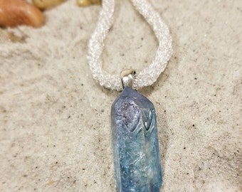 Aqua aura blue quartz crystal necklace on silver mesh chain