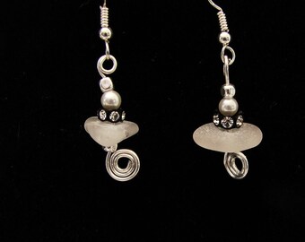 Sterling Silver Sea Glass Earrings, Pearl and Crystal Beads