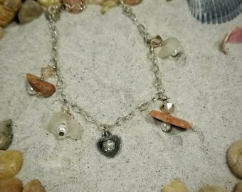 Sterling Silver Valentine Bracelet – Sea Glass, Heart Charm & Swarovski Crystals