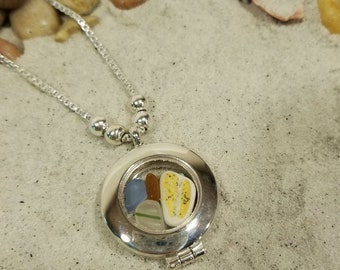 Silver locket necklace with beach glass and pottery pieces