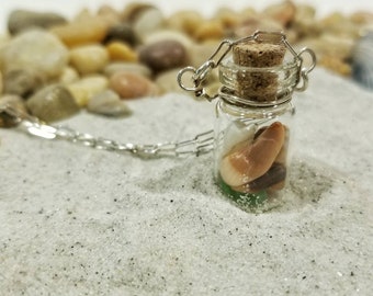 Glass bottle lake treasures necklace on sterling silver chain