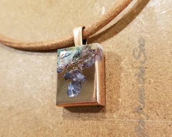 Square copper pendant with crystal inclusions