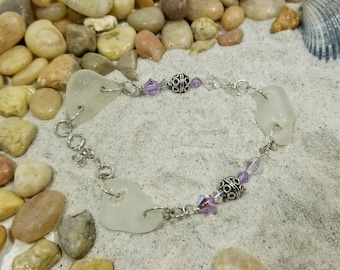 White lavendar sea glass bracelet